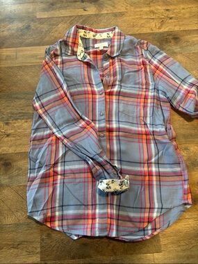 Lucky Brand Blue and Pink Plaid Shirt with Orange Accents